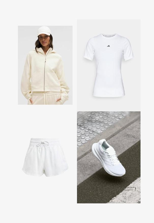 Kermanspahan vetoketjuhuppari, jossa on huppu, ribattu hihansuu ja etutaskut; pehmeä rakenne ja rento muotoilu täydentävät yhteensopivia collegehousuja.; Valkoinen urheilupaita lyhyillä hihoilla, valmistettu sileästä ja joustavasta kankaasta. Rinnassa on pieni musta Adidas-logo.; Valkoiset urheilushortsit, joissa on joustava vyötärö ja säädettävä nyöri. Kevyestä materiaalista valmistettu, sivutaskut ja väljä istuvuus.; Valkoiset urheilukengät, joissa on verkkopinta, nauhakiinnitys ja teksturoitu pohja. Huomaamaton brändäys ja saumatonta rakennetta korostavat yksityiskohdat.