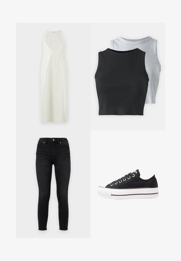 Weißes gestricktes Maxikleid mit V-Ausschnitt, offenen Seiten und verstellbarem Bindeband in der Taille. Mit vertikalem Streifenmuster.; Even&Odd Petite 2 PACK - Top - light grey/black; Schwarze Skinny-Jeans aus Denim, mit hoher Taille, vorderen Taschen und einem fransigen Saum. Glatte Textur mit klassischem Fünf-Taschen-Design.; Schwarze Leinensneaker mit weißer Gummisohle, runder Zehenpartie, niedriger Schnürung, Metallösen und einer strukturierten Zehenkappe. Dünner schwarzer Streifen entlang der Sohle.