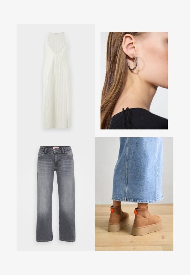 Bela pletena maksi obleka z V-izrezom, odprtimi stranicami in nastavljivim vezirom v pasu. Značilnost je vertikalni črtasti vzorec.; Even&Odd Petite 2 PACK - Top - light grey/black; Sivi traper hlače s ravnim krojem, pet žepov, rahlo zbledelo in z gumbom za zapiranje pri pasu.; Rjave suede platform čizme z elastičnimi stranskimi paneli in oranžnimi zankami, v kombinaciji s svetlobno denim krilom do kolen na lesenem tleh.; Srebrna obročasta uhana s polirano površino, ki vključuje majhne zlate poudarke in okroglo obliko, nošena na ušesnem lobu.