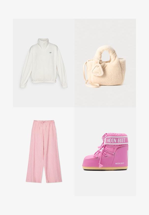 New Balance PERFORMANCE FULL ZIP - Zip-up sweatshirt - linen; Red long-sleeve cotton top with a ribbed texture and round neckline. Features a white logo on the chest. Cropped design.; Pink striped wide-leg pants with an elastic waistband and drawstring. Fabric appears lightweight with vertical stripes in darker pink.; Pink Moon Boot with a high top, textured fabric, decorative laces, and a branded strap. Features a durable sole for stability.; Beige faux shearling handbag with a plush texture, rounded top handles, detachable shoulder strap, and a triangular decorative tag.