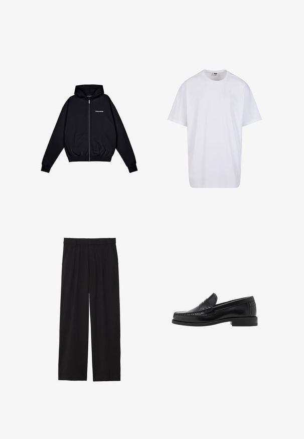 Černá zipová mikina vyrobená z měkké tkaniny, s přední kapsou typu klokan, stahovací kapucí a malým logem "PEGADOR" na levé hrudi.; Bílé triko z bavlny s krátkým rukávem, kulatým výstřihem, volným střihem a bez viditelných log či vzorů. Hladká textura a minimalistický design.; Černé široké kalhoty s skladaným předním dílem, bočními kapsami a hladkou texturou tkaniny. Navrženy pro pohodlný střih.; Černé kožené mokasíny s hladkým povrchem, prošíváním na špičce a nízkým podpatkem pro komfort a styl.
