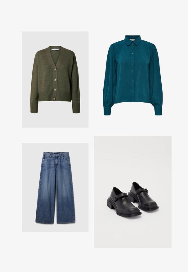 Cardigan verde oliva con scollo a V, maniche lunghe e cinque grandi bottoni. Presenta polsini e orlo a costine con una texture morbida.; Blusa teal con colletto, apertura frontale con bottoni e maniche lunghe. Realizzata in tessuto testurizzato con polsini arricciati.; Jeans in denim blu a gamba larga con una finitura sbiadita, dotati di chiusura a bottone e zip, cinque tasche e passanti per cintura.; Scarpe in pelle nera con punta arrotondata, suola piatta e una cintura con dettaglio fibbia. Tacco a blocco spesso per una maggiore stabilità.