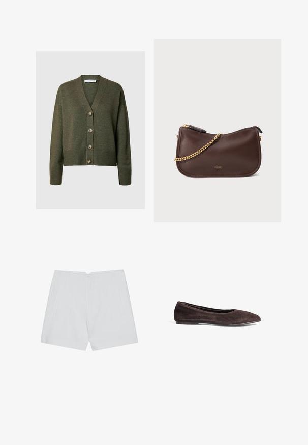 Cárdigan verde oliva con escote en V, mangas largas y cinco botones grandes. Presenta puños y dobladillo acanalados con una textura suave.; Camiseta de algodón blanca con cuello redondo, mangas cortas y un corte relajado. Diseño simple, sin adornos, con una textura suave.; Pantalones cortos blancos con un diseño a medida, con una parte frontal plana, dos bolsillos laterales y un dobladillo limpio. Fabricados con una tela suave y sin patrones visibles.; Bailarina de ante marrón con punta afilada y perfil bajo. Presenta una textura suave y un diseño minimalista. Sin hardware visible ni acentos.; Bolso de mano de cuero marrón con forma curvada, cuenta con una correa de cadena dorada y un cierre con cremallera. Logotipo en relieve en la parte frontal. Textura suave.