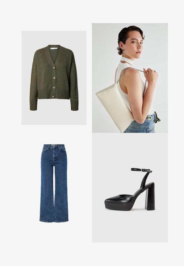 Olivově zelený kardigan s výstřihem do V, dlouhými rukávy a pěti velkými knoflíky. Má manžety a lem s žebrovaným vzorem a jemnou texturou.; Bílý krátký rukáv tričko s uzlem vpředu. Na levé straně se nachází květinová výšivka v růžové a žluté barvě. Měkký bavlněný materiál.; Dámské modré džíny s vysokým pasem a širokými nohavicemi, obsahující tradiční pět kapesní design, kovové zapínání a kontrastní švy.; Černé platformové podpatky s špičatou špičkou a nastavitelným kotníkovým popruhem. Vyrobeny z hladké kůže, s masivním blokovým podpatkem.; Bílá obdélníková psaníčko vyrobené z lesklého materiálu, se stříbrným řetízkovým popruhem. Modelka pózuje a předvádí tašku na jednobarevném pozadí.