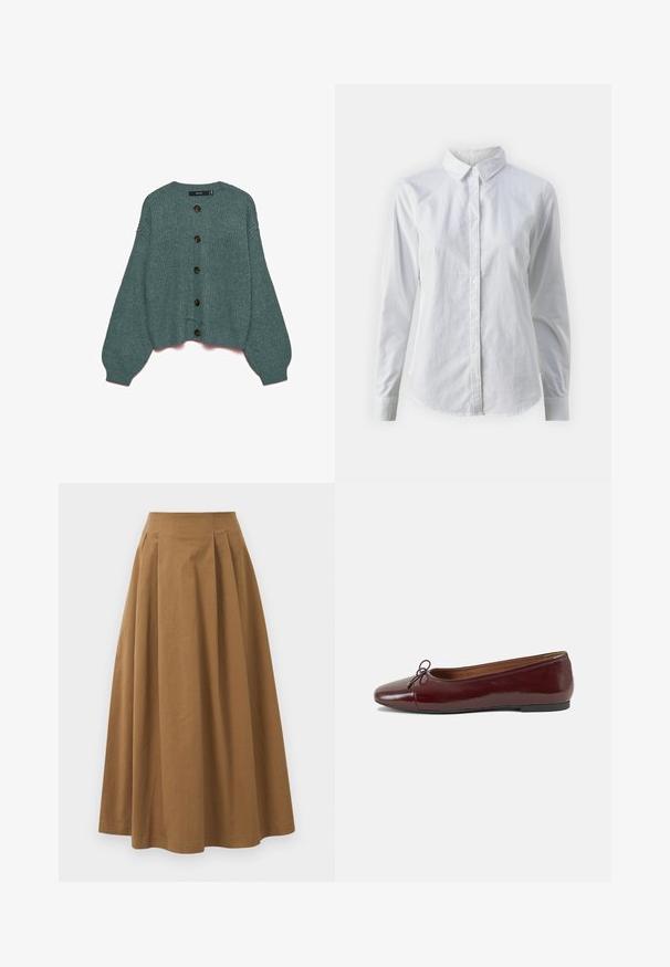 Teal knitted cardigan with a round neckline, ribbed cuffs, and oversized sleeves. Features six large brown buttons along the front.; White button-up shirt made of smooth cotton, featuring a classic collar, long sleeves, and a curved hem. Buttons are small and white.; Brown cotton A-line skirt with a high waist, featuring pleats down the front and a smooth texture. Hem finishes are clean and simple.; Burgundy patent leather ballet flat with a rounded toe, small bow accent at the front, and a low, black rubber sole. Smooth texture.