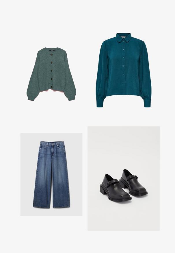 Teal knitted cardigan with a round neckline, ribbed cuffs, and oversized sleeves. Features six large brown buttons along the front.; Teal blouse with a collared neckline, button front, and long sleeves. Made from textured fabric with gathered cuffs.; Wide-leg blue denim jeans with a faded finish, featuring a button and zipper closure, five pockets, and belt loops.; Black leather shoes with a rounded toe, flat sole, and a strap with a buckle detail. Chunky block heel for added stability.