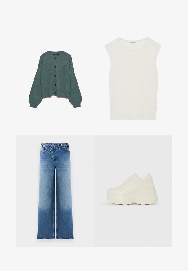 Türkisfarbener, gestrickter Cardigan mit rundem Ausschnitt, gerippten Bündchen und übergroßen Ärmeln. Verfügt über sechs große braune Knöpfe an der Vorderseite.; Weißes ärmelloses Top mit rundem Ausschnitt. Hergestellt aus glattem Stoff, hat es einen lässigen Schnitt und minimalistisches Design. Keine Muster oder Akzente.; Hellblaue weit geschnittene Jeans mit einer verwaschenen Optik, die ein klassisches Fünf-Taschen-Design und Metallknopf-Akzente an der Taille aufweisen.; Weiße Platform Sneakers mit einem glatten, lederähnlichen Obermaterial, abgerundeter Form, gepolstertem Kragen und strukturierten Gummisohlen mit ausgeprägten Stollen.