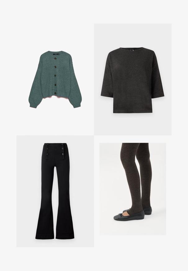 Tirkizni pleteni kardigan s okruglim izrezom na vratu, rebrastim manšetama i prevelikim rukavima. Ima šest velikih smeđih gumba na prednjoj strani.; Tamno sivi, kratkoslavljeni gornji dio od mekog materijala. Ima okrugli izrez i jednostavan, kutijasti oblik bez ukrasa ili uzoraka.; Crne široke traperice s visokim strukom, koje imaju četiri ukrasna dugmeta sprijeda i elegantnu teksturu.; Crne ravne cipele s malim mašnom na vrhu prstiju, uparene s tamnosmešnim rebrovanim čarapama. Cipele imaju glatku teksturu i nizak profil.