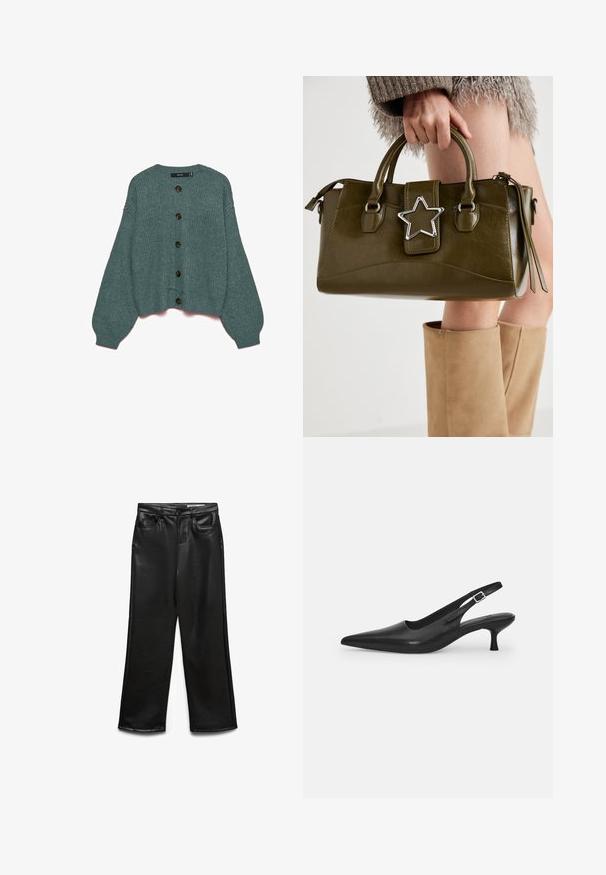 Miętowo-zielony dziergany kardigan z okrągłym dekoltem, prążkowanymi mankietami i oversize'owymi rękawami. Z przodu sześć dużych brązowych guzików.; Szara bawełniana koszulka z klasycznym okrągłym dekoltem, krótkimi rękawami i gładką fakturą, odpowiednia do codziennego noszenia.; Czarne, szerokie spodnie z ekoskóry z przednimi kieszeniami, szlufkami na pasek i subtelnym połyskiem. Gładka tekstura i dopasowany krój.; Czarne skórzane buty typu slingback z wydłużonym noskiem i smukłym, zakrzywionym obcasem. Posiadają dyskretny regulowany pasek z metalową klamrą.; Oliwkowa torebka z ekoskóry z srebrnym akcentem w kształcie gwiazdy, podwójnymi uchwytami i zapięciem na zamek. Teksturowana powierzchnia i wyraźnie zarysowany kształt.