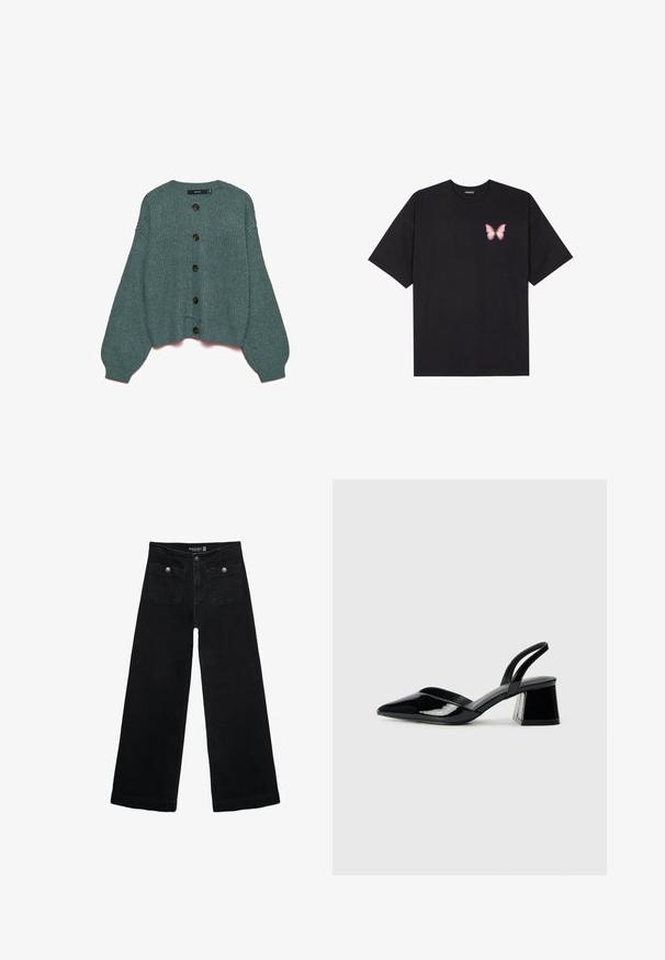 Türkisfarbener, gestrickter Cardigan mit rundem Ausschnitt, gerippten Bündchen und übergroßen Ärmeln. Verfügt über sechs große braune Knöpfe an der Vorderseite.; Schwarzes Baumwoll-T-Shirt mit kurzen Ärmeln, das ein kleines pinkes Schmetterlingsmotiv auf der linken Brust zeigt. Crewneck-Design mit einem entspannten Schnitt.; Schwarze, weit geschnittene Jeans mit hoher Taille, die zwei Fronttaschen und metallene Knopfakzente aufweist. Der Stoff hat eine glatte Textur.; Schwarze Lackleder-Slingback-High Heels mit spitzem Schuh und einem geometrischen Blockabsatz. Verfügt über ein schlankes, minimalistisches Design und eine glatte Textur.