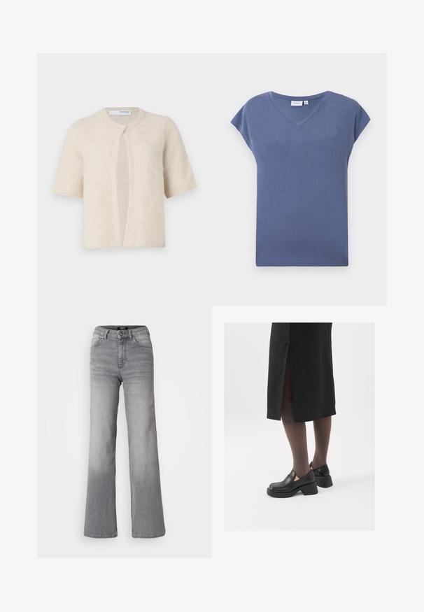 Lühikeste varrukatega kardigan heledat beežis, millel on soonikkoes, avatud esiosa disain ja ümardatud kaelus. Pehme materjal, minimaalne riistvara.; V-kaelusega lühikese varrukaga T-särk hajutatud sinises värvitoonis, pehme puuvilla materjalist, millel on sile tekstuur ja lõdva istuvus.; Kõrge vöökoht, sirged hallid teksad, millel on ees nupp ja lukku, ees ja taga taskud ning hägune varjund reitel ja sääremarjadel.; Mustad mustad jalatsid ümmarguse varbaga, paksu plokkniidi ja elastsete külgdetailidega, kombineeritud tumedate sukkade ja musta lõhikuga seelikuga.