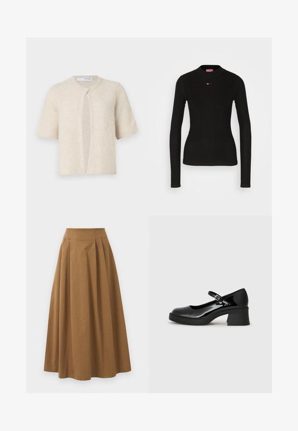 Kratek rokav, jopica v svetlo bež barvi, ki ima rebrasto teksturo, odprt sprednji del in zaobljen ovratnik. Mehken material, minimalne opreme.; Črna majica z dolgimi rokavi iz rebraste tkanine, z okroglo ovratnico in majhnim rdečim logotipom Diesel, izšitim na prsih.; Rjava bombažna A-linijska krila z visokim pasom, ki vključuje naborke spredaj in gladko teksturo. Robovi so čisti in preprosti.; Črne patenčne Mary Jane čevlje z zaobljenim nosom, prilagodljivo zaponko in masivnim kvadratnim peto. Imajo teksturirano podplat.