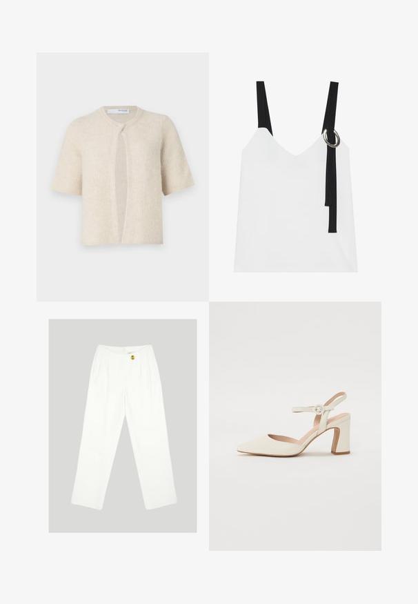 Korte mouwen cardigan in lichtbeige, met een geribbelde textuur, open voorkant en een ronde halslijn. Zacht materiaal, minimaal gebruik van hardware.; Witte mouwloze top met een V-hals, voorzien van zwarte straps en een zilveren ringdetail. Glad materiaal en een modern, minimalistisch ontwerp.; Witte, wijde broek van gladde stof. Heeft een enkele gele knoopsluiting en een geplooid voorontwerp. Geen zichtbare zakken.; Puntige crèmekleurige pump met een blokhak. Voorzien van een dunne enkelband met een ronde gesp en een soepele leren textuur.