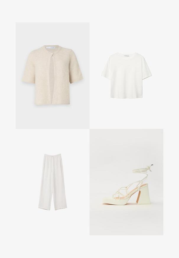 Kurzärmlige Strickjacke in hellem Beige, mit gerippter Textur, offener Vorderseite und rundem Halsausschnitt. Weiches Material, minimales Zubehör.; Weißes T-Shirt mit kurzen Ärmeln aus Baumwolle. Hat einen Rundhalsausschnitt und eine lockere Passform. Glatte Textur ohne sichtbare Muster oder Akzente.; Weiße weit geschnittene Hose aus leichtem Stoff. Mit einem elastischen Bund und Kordelzug sowie Seitentaschen. Glatte Textur.; Weiße High-Heel-Sandale mit einem klobigen Absatz, die über ein Riemchendesign und ein Knöchelband verfügt. Glatte Textur mit einer Plattform vorne für zusätzliche Höhe.