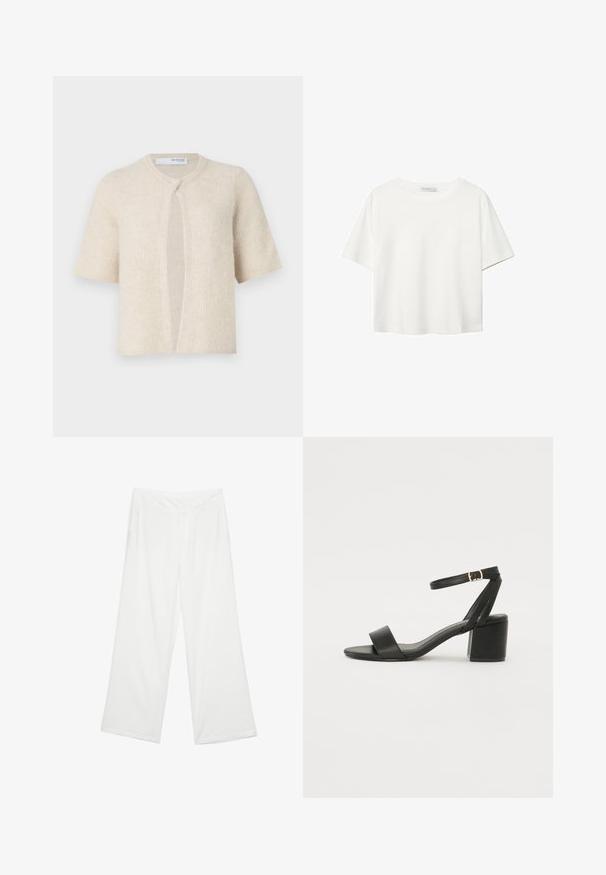 Kratki kardigan s kratkim rukavima u svijetloj bež boji, s rebrastom teksturom, otvorenim prednjim dijelom i okruglim izrezom. Mekani materijal, minimalni hardver.; Bijela majica kratkih rukava od pamuka. Ima okrugli izrez i opušteni kroj. Glatka tekstura bez vidljivih uzoraka ili naglasaka.; Široke hlače od bijele tkanine, s glatkom teksturom, prednjim džepovima i klasičnim pojasom s petljama za remen.; Crne sandale na visoku petu s glatkim kožnim gornjim dijelom, otvorenom kapicom, širokim prednjim trakama i podesivim remenom oko gležnja s detaljem zlatne kopče.