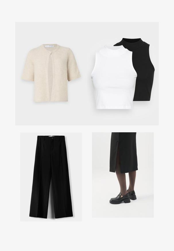Cardigan à manches courtes en beige clair, présentant une texture côtelée, un design ouvert à l'avant et un col arrondi. Matière douce, quincaillerie minimale.; Deux hauts sans manches en maille côtelée, en noir et blanc, dotés d'un design ajusté et d'une texture lisse, avec une longueur courte.; Pantalons larges noirs en tissu léger, avec une fermeture à bouton à l'avant et un devant plat, dotés d'ourlets soigneusement cousus.; Chaussures noires en cuir avec un bout arrondi, un épais talon bloc et des accents latéraux élastiques, associées à des bas foncés et une jupe noire avec une fente.