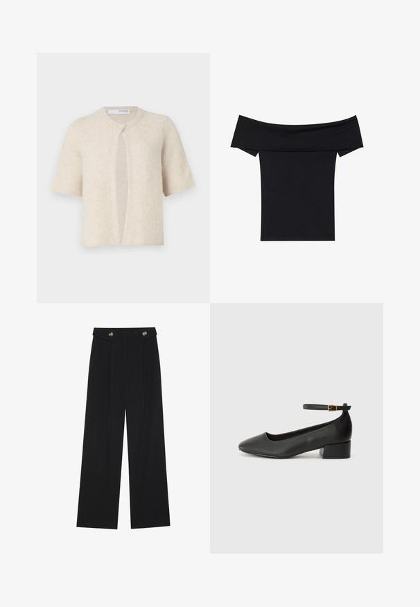 Korte mouwen cardigan in lichtbeige, met een geribbelde textuur, open voorkant en een ronde halslijn. Zacht materiaal, minimaal gebruik van hardware.; Zwarte off-the-shoulder top van zachte stretchstof. Beschikt over korte mouwen en een aansluitende pasvorm. Eenvoudig, naadloos ontwerp.; Zwarte wijde broek met hoge taille, knoopdetails op de tailleband en plooien aan de voorkant.; Zwarte leren pump met een spitse neus en een lage blokhak. Beschikt over een enkelband met een goudkleurige gespsluiting. Gladde textuur.