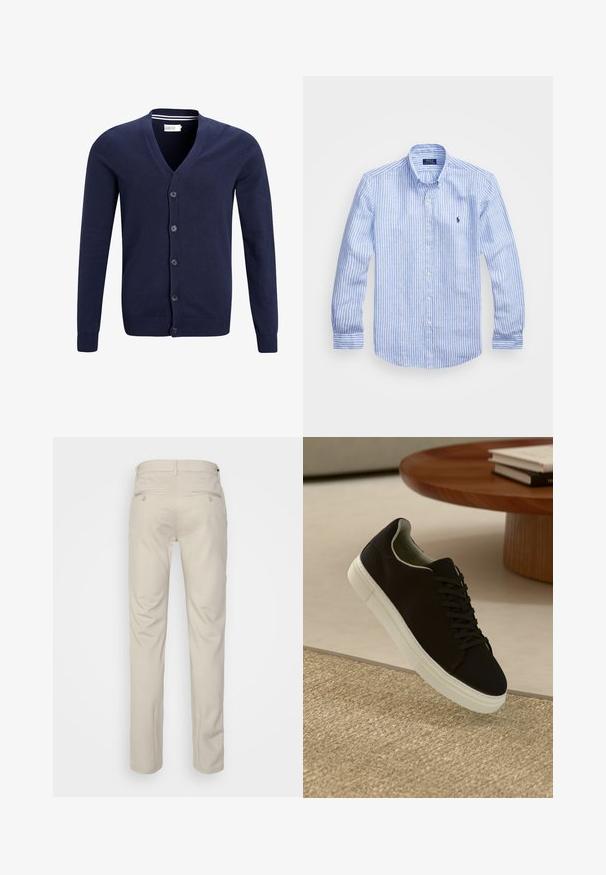 Navy blue cardigan made of soft knit fabric, featuring a v-neck, six button closure, and ribbed cuffs and hem.; Blue and white striped long-sleeve shirt made of cotton, featuring a button-down collar, front buttons, and a small embroidered logo on the chest.; Beige trousers with a smooth texture, straight cut, two back pockets with buttons, and a standard waistband.; Black sneaker with white sole floating above beige textured rug near round wooden table with stacked books.