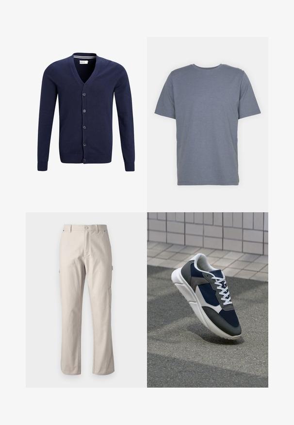 Cardigan azul-marinho feito de um tecido de malha macia, com decote em V, fecho com seis botões e punhos e barra canelados.; T-shirt cinza de manga curta com gola redonda, feita de um tecido suave em mistura de algodão. Design simples, sem padrões ou detalhes.; Calças cargo bege feitas de algodão resistente, com pernas retas, fecho frontal com botão e bolsos laterais para utilidade. Textura suave com costura discreta.; Sapatilha com parte superior em malha azul-marinho, detalhes em camurça cinza, sola de borracha branca e atacadores brancos planos, projetada para conforto e respirabilidade.