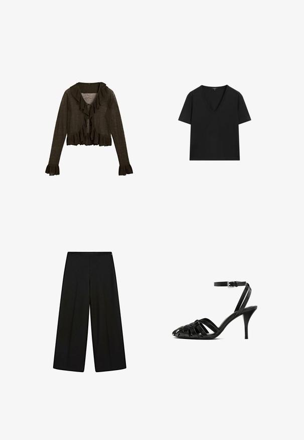 Cardigan lungo marrone scuro a maniche lunghe con un fronte arricciato, chiusura con lacci e maniche a campana. Realizzato in tessuto leggero e testurizzato.; Maglietta nera a maniche corte con scollo a V, dal design semplice e aderente, su sfondo bianco.; Pantaloni neri a gamba larga realizzati in tessuto morbido, con vita alta e pieghe, caratterizzati da una texture liscia e senza decorazioni visibili.; Sandaletta nera in pelle con tacco alto e cinturino alla caviglia, caratterizzata da fasce intrecciate sulla punta, una finitura liscia e una forma della punta appuntita.