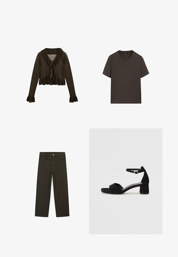 Cardigan lungo marrone scuro a maniche lunghe con un fronte arricciato, chiusura con lacci e maniche a campana. Realizzato in tessuto leggero e testurizzato.; T-shirt corto marrone scuro in cotone. Presenta un collo tondo e una vestibilità comoda, senza motivi o accenti visibili.; Jeans a gamba larga di colore verde scuro, realizzati in tessuto misto cotone, dotati di chiusura con bottone frontale, cinque tasche e cuciture classiche in denim.; Sandali con tacco in suede nero, con una sottile fascia alla caviglia, design open toe e un discreto tacco a blocco. Texture liscia e decorazioni minime.