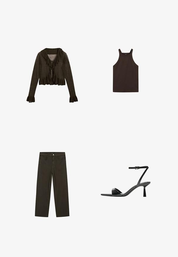 Donkerbruin lange mouwen cardigan met een gerimpelde voorkant, striksluiting en uitlopende manchetten. Gemaakt van lichtgewicht, gestructureerd materiaal.; Massimo Dutti HALTER NECK - Top - dark brown; Donkergroene wijde jeans van een katoenmix, met een sluiting met een voorste knop, vijf zakken en klassieke denimstiksels.; Bershka Sandalen met hoge hak - black