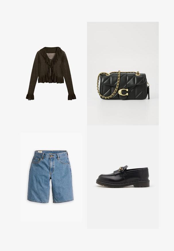 Ciemnobrązowy kardigan z długim rękawem, z falbanami z przodu, wiązaniem oraz rozszerzanymi mankietami. Wykonany z lekkiego, teksturowanego materiału.; Dwa bawełniane biustonosze: jeden w jasnym beżu, a drugi w czerni, z cienkimi ramiączkami i dekoltem w kształcie litery V. Etykiety widoczne w środku.; Niebieskie dżinsowe szorty z klasycznym pięciopocketowym designem, zapięciem na zamek i guzikiem oraz postrzępionymi końcami. ; Czarne skórzane loafersy z okrągłym noskiem, ozdobną frędzlem i złotymi detalami. Gruba gumowa podeszwa zapewniająca lepszą przyczepność i trwałość.; Czarna pikowana skórzana torebka z złotym łańcuszkiem i zapięciem na toggle, z okrągłym akcentem. Kompaktowy prostokątny kształt.