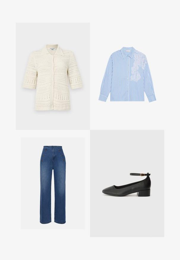 Cardigan tricotat în alb murdar, cu mâneci scurte, închidere cu nasturi și model deschis. Prezintă guler și margine ribată.; Cămașă cu dungi albastre și albe, cu mâneci lungi, guler ascuțit și închidere cu nasturi, având detalii din dantelă pe partea stângă.; Jeans din denim cu talie înaltă, de culoare albastru mediu. Prezintă accente cu buton în față și un design cu picioare late. Materialul are o textură netedă, cu o ușoară decolorare.; Pantof cu toc negru din piele, cu vârf ascuțit și toc mic pătrat. Dispune de o curea la gleznă cu o cataramă în tonuri de aur. Textură netedă.