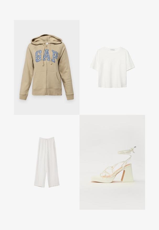 GAP HERITAGE - Mikina s kapucňou - khaki beige; Biela krátkopsová tričko vyrobené z bavlny. Má okrúhly výstrih a voľný strih. Hladká textúra bez viditeľných vzorov alebo akcentov.; Biele široké nohavice vyrobené z ľahkej tkaniny. Obsahujú elastický pás so sťahovacou šnúrkou a bočné vrecká. Hladká textúra.; Biele sandále na vysokom opätku s hrubým podpätkom, s pruhovaným dizajnom a viazaním na členku. Hladký povrch s platformou vpredu pre zvýšenú výšku.