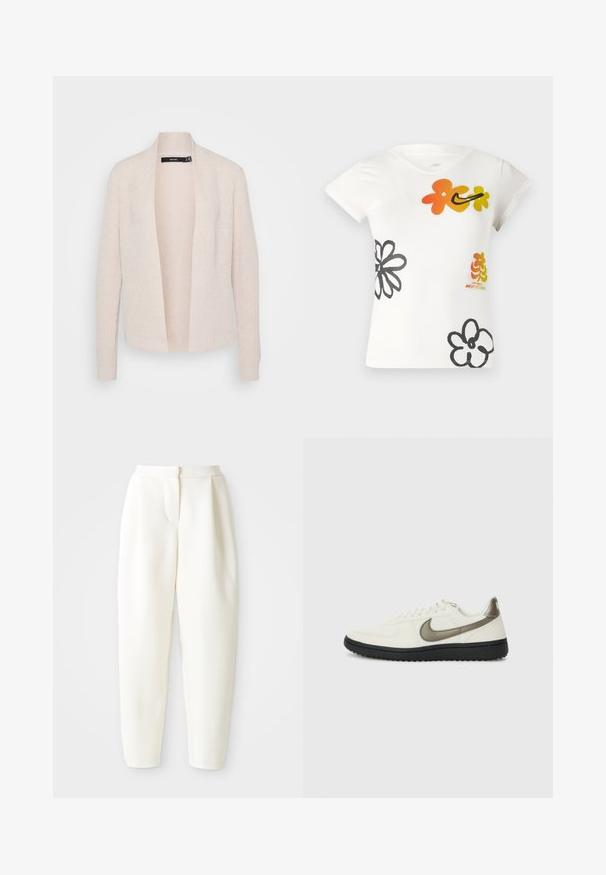 Világos bézs kardigán, nyitott elülső kialakítással, bordázott textúrával, hosszú ujjakkal és finom mintás kötött anyagból készült.; Fehér, rövid ujjú póló, élénk virágmintákkal narancssárga, sárga és fekete színekben. Puha pamut keverékből készült, V-nyakú dizájnnal.; Magas derékú, tapered fehér nadrág, rejtett elülső záródással és oldalsó zsebekkel, sima fehér háttér előtt bemutatva.; Nike Sportswear FIELD GENERAL - Sportcipő - off-white/black