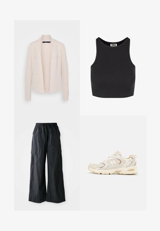Lys beige cardigan, åpen frontdesign, ribbet tekstur, lange ermer og strikket materiale med et subtilt mønster.; Svart ribbestrikket croptopp med ermeløs design. Har en avrundet utringning og en jevn tekstur. Merket er synlig inni utringningen.; Sorte cargo bukser i sort, laget av lett stoff, med en bred bendesign, elastisk liv, og flere sidelommer. Enkel og funksjonell.; Beige idrettssko med mesh og syntetiske dekninger, med en teksturert overflate, polstret krage og "ABZORB" demping i hælen.
