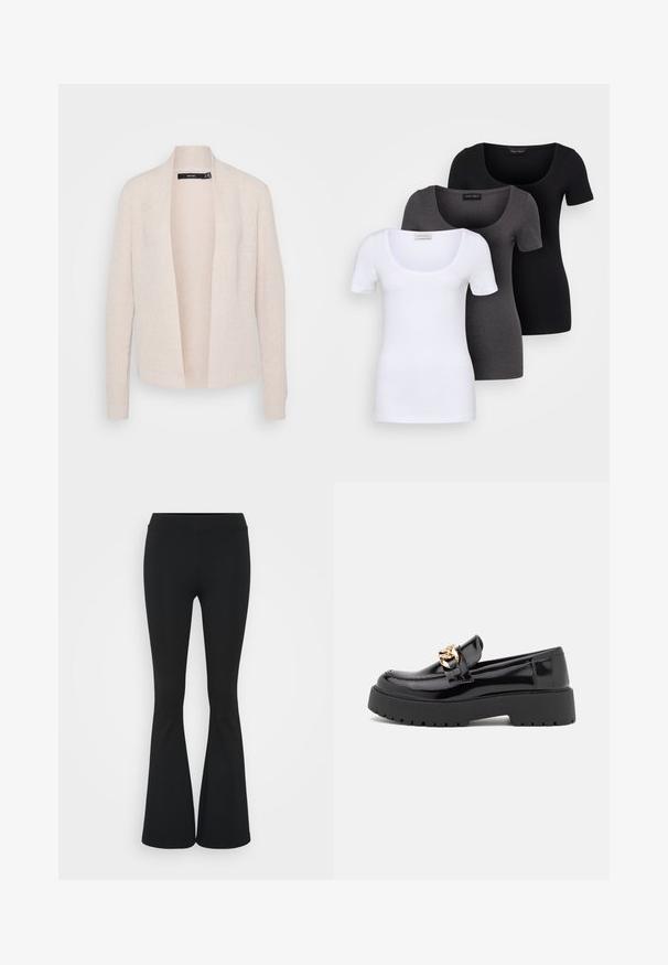 Šviesiai dramblio kaulo spalvos kardiganas, atviras priekis, raštuotas tekstūra, ilgomis rankovėmis ir megztas su subtiliu raštu.; Trys priderinti marškiniai: balti, pilki ir juodi. Kiekvienas turi plačią apvalią iškirptę ir trumpas rankoves. Pagaminti iš lygaus, tamprių audinio.; Juodai platėjantys kelnių, pagamintų iš tamprių medžiagų, kurie turi aukštą juosmenį ir lygią tekstūrą. Kelnės platėja nuo kelio.; Juodi patentiniai odiniai loaferiai su masyviu juodu padu ir auksiniais detalėmis. Lygus paviršius ir apvalus pirštų dizainas.