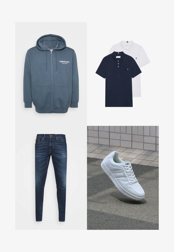 Sötétkék zipzáras kapucnis pulóver. Dönthető kapucnival, két elülső zsebbel és fehér logós felirattal a bal mellen. Puha, texturált anyag.; Két pólóing: az egyik sötétkék, a másik fehér, mindkettőn kicsi piros, fehér és kék díszítés található a mellzsebből és a galléron.; Sötétkék farmernadrág, testhezálló fazonnal, finom áttűnéssel, öt zsebbel és fémből készült gombzárral. Kontrasztos színű varrási díszítések.; Fehér sportcipő sima bőr felsőrésszel, fűzős elülettel, perforált orral és mintázott talppal. Minimalista dizájn három oldalsávval.