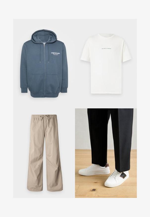 Mørkeblå zip-hoodie. Har justerbar hætte, to frontlommer og hvid logo-tekst på venstre bryst. Blødt, tekstureret stof.; Hvid bomulds t-shirt med korte ærmer og rund hals. Centreret tekst med teksten "VELKOMMEN TIL PARADIS" i en buet grøn skrifttype.; Beige brede bukser med elastisk talje og snøre. Glat tekstur, to sidelommer og minimale sømme for en afslappet pasform.; Hvide sneakers med glat tekstur, prydet med brune læderdetaljer og sorte detaljer, sammen med sorte skræddersyede bukser. Baggrund med trægulv.