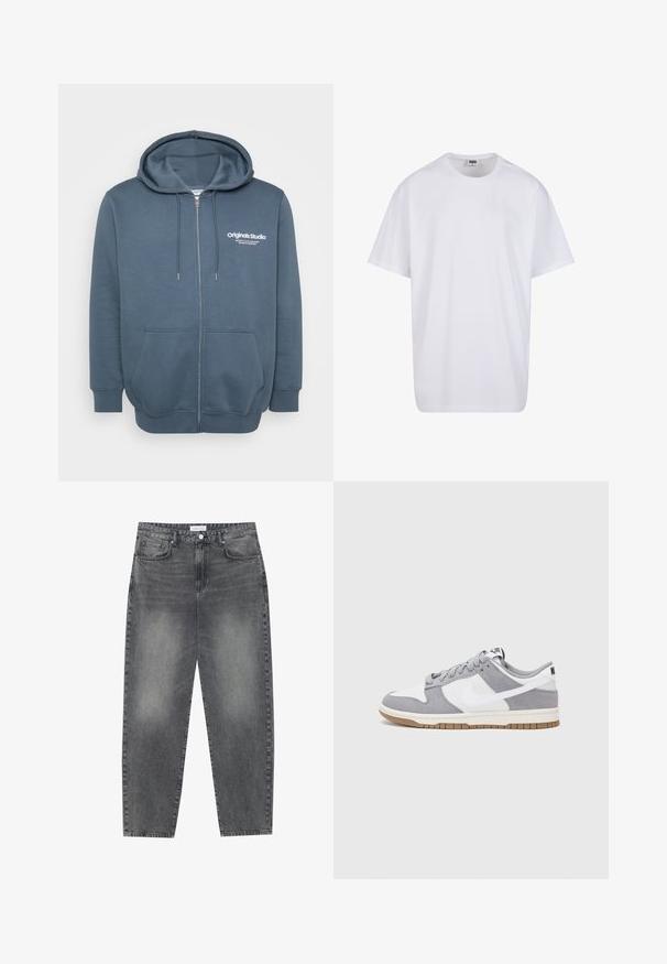 Sweat à zip en bleu foncé. Il dispose d'une capuche avec cordon de serrage, de deux poches avant et d'un texte logo blanc sur la poitrine gauche. Tissu doux et texturé.; T-shirt en coton blanc avec des manches courtes, un col rond, une coupe décontractée et sans logos ni motifs visibles. Texture lisse et design minimaliste.; Jean taille haute, décontracté en denim noir délavé. Comprend cinq poches, des passants de ceinture et un design de jambe droite épurée.; Baskets grises et blanches avec un dessus en suède et cuir, bout rond, lacets plats et semelle en caoutchouc avec une touche de gomme.