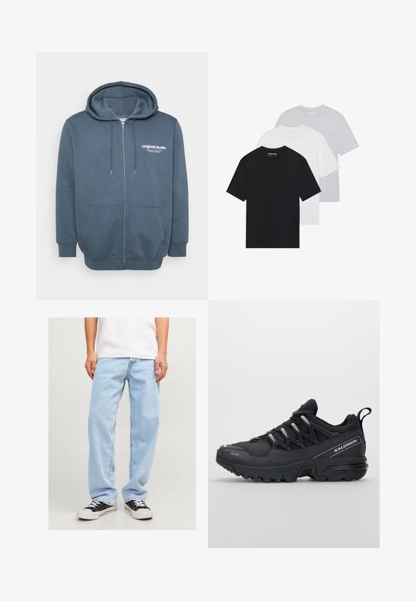 Sweat à zip en bleu foncé. Il dispose d'une capuche avec cordon de serrage, de deux poches avant et d'un texte logo blanc sur la poitrine gauche. Tissu doux et texturé.; Ensemble de trois t-shirts basiques en noir, blanc et gris clair. Manches courtes, col rond, fabriqués en coton lisse. Logo de la marque visible.; Jean en denim bleu clair avec une coupe décontractée, affichant un design à jambe droite et des coutures standard, associé à des baskets noires.; Chaussures de sport noires avec une tige en maille, semelle en caoutchouc et accents réfléchissants. Dotées d'une semelle rembourrée et d'un design à lacets.