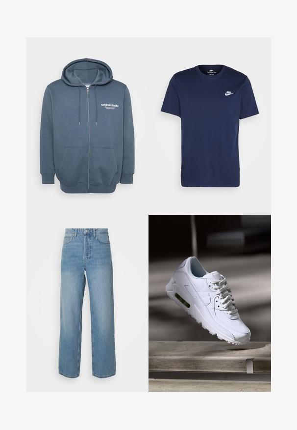 Sudadera con cremallera en azul oscuro. Presenta una capucha ajustable, dos bolsillos frontales y texto de logo blanco en el lado izquierdo del pecho. Tejido suave y texturizado.; Camiseta de algodón azul marino con cuello redondo y mangas cortas. Presenta un logotipo blanco de Nike en el lado izquierdo del pecho y un dobladillo recto.; Jeans de denim azul claro de cintura alta con piernas rectas, cierre frontal con botón y estilo de cinco bolsillos sobre fondo liso.; Zapatilla blanca de piel con superficies texturizadas, cuello acolchado y amortiguación de aire visible en la suela. Presenta cordones y un diseño minimalista.