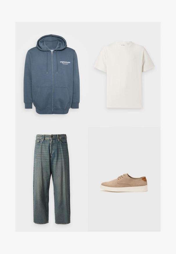 Mørkeblå zip-hoodie. Har justerbar hætte, to frontlommer og hvid logo-tekst på venstre bryst. Blødt, tekstureret stof.; Hvid kortærmet T-shirt i ribbet tekstur. Rund halsudskæring, løs pasform, ingen synlige mønstre eller accenter. Enkel og alsidig design.; Lyseblå denim jeans med løs pasform, mellemhøj talje og lige ben. Har fem lommer, bæltestropper og en knappelukning.; Beige ruskinds sneakers med rund tå, snørebånd foran og en struktureret rygdetalje. Hvid gummisål giver kontrast. Enkel og moderne design.