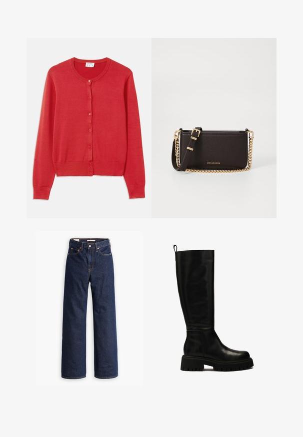 Cárdigan rojo hecho de un suave y ligero tejido de punto. Presenta un escote redondo, mangas largas y seis botones en la parte delantera.; Camisa blanca de botones con mangas largas, cuello estructurado y dobladillo redondeado. Hecha de una tela lisa y sólida sin patrones ni acentos visibles.; Vaqueros de mezclilla azul oscuro de pierna recta con cinco bolsillos, costuras naranjas y cierre de botón.; Botas de cuero negras hasta la rodilla con un diseño elegante, punta redondeada y suela de goma gruesa con profundas ranuras y una lengüeta en la parte superior.; MICHAEL Michael Kors BRYANT SM XBODY POUCHETTE - Bandolera - chocolate
