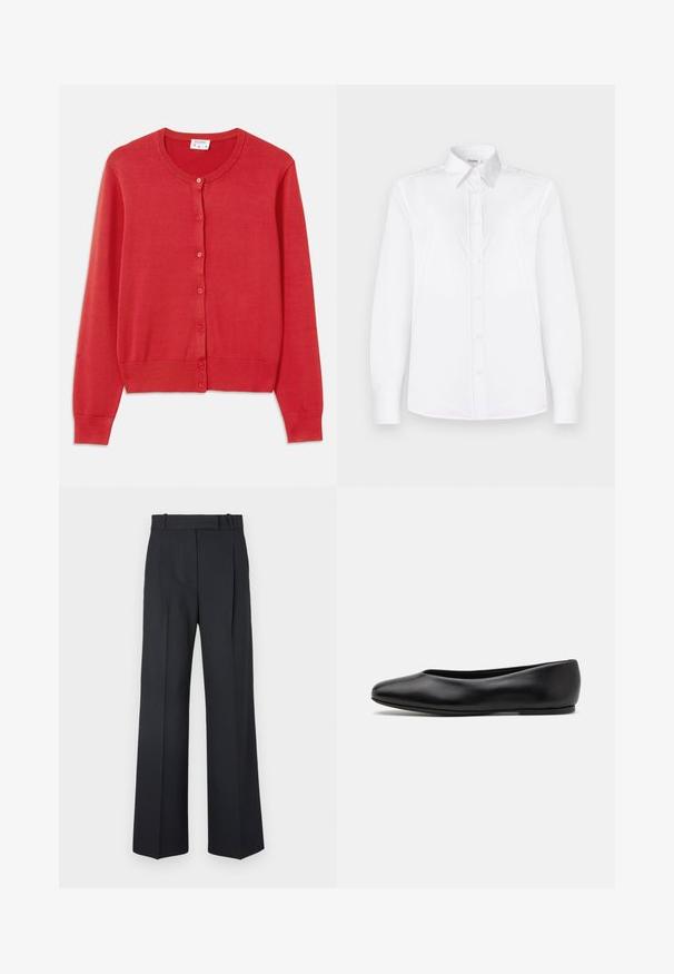 Rode cardigan gemaakt van zachte, lichtgewicht gebreide stof. Heeft een ronde hals, lange mouwen en zes knopen aan de voorkant.; Witte lange mouwen shirt van soepel stof, met een kraaglijn en een knoopsluiting met lichtroze knopen.; Donkerblauwe pinstriped broek met een hoge taille, wijde pijpen en zonder zichtbare hardware of versieringen. Glad textuur en nauwkeurige pasvorm.; Paul Smith TOPANGA - Ballerina's - black