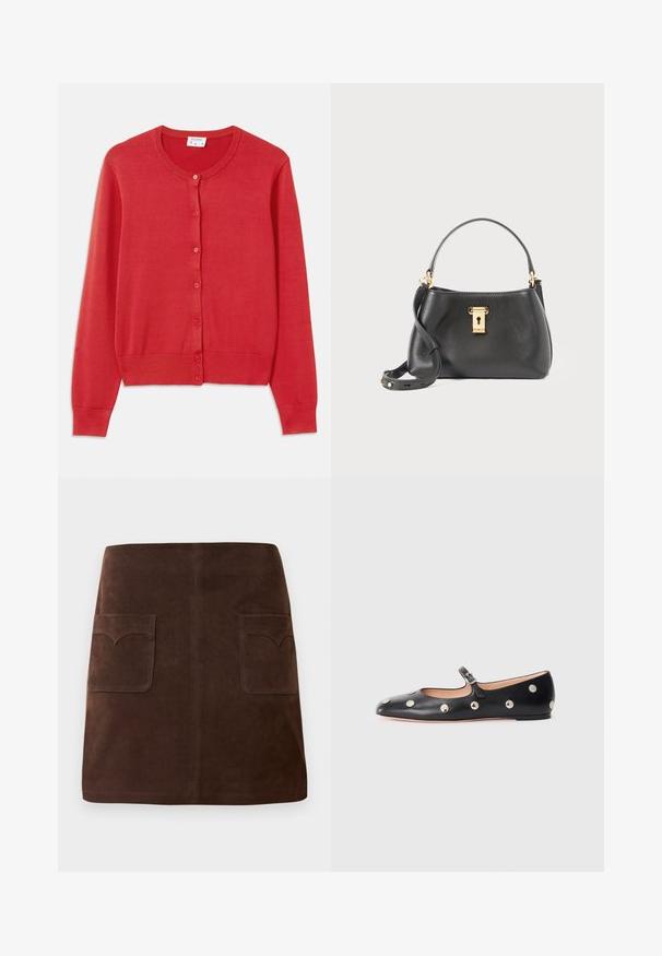 Rode cardigan gemaakt van zachte, lichtgewicht gebreide stof. Heeft een ronde hals, lange mouwen en zes knopen aan de voorkant.; Witte longsleeve shirt met een getailleerd ontwerp. Voorzien van een grote kraag, sluiting met knopen aan de voorkant met bruine knopen en een klein geborduurd logo.; Bruin suède rok met een klassieke A-lijn vorm, twee voorzakken met ronde kleppen en subtiele stikdetails.; Zwarte leren Mary Jane ballerina met een ronde neus, voorzien van zilveren ronde studs en een verstelbaar bandje met een gesp.; Zwarte leren handtas met een gestructureerde afwerking, voorzien van een gouden slotsluiting, een korte handgreep en een afneembare schouderriem.