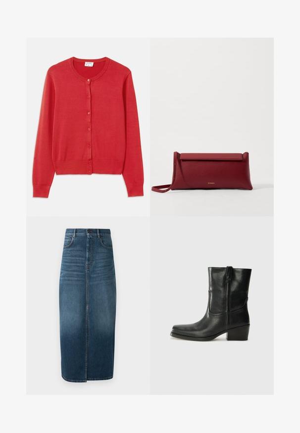 Rode cardigan gemaakt van zachte, lichtgewicht gebreide stof. Heeft een ronde hals, lange mouwen en zes knopen aan de voorkant.; Witte blouse met korte mouwen, versierd met blauwe bloemenborduursels, een ronde halslijn en complexe patronen langs de voorkant en mouwen.; Denim midi-rok in donker indigo, met een voorkeursplit en een lichte vervaging. Klassiek vijf-pocket ontwerp met metalen knoopsluiting.; Zwarte leren enkellaars met een ronde neus, blokhak, zijrits en stikselaccenten op de wreef. Gladde textuur, klassiek ontwerp.; Rode leren clutch met een gestructureerde afwerking, met een vlakke omvouwtop en een korte strap. Subtiele merklogo op de voorkant.