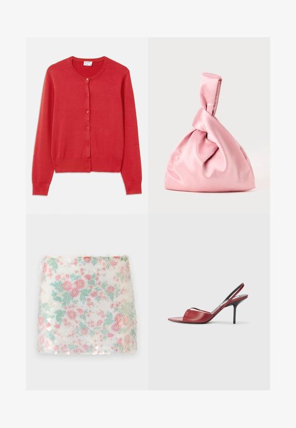 Raudonas kardiganas, pagamintas iš minkštos, lengvos trikotažo medžiagos. Pasižymi apvaliu kaklu, ilgomis rankovėmis ir šešiais mygtukais priekyje.; Balta beisbolo marškinėliai pagaminti iš minkštos medžiagos. Priekyje ant krūtinės užrašas "SHADOWBANNED" šviesiai pilkos spalvos. Paprastas, be rankovių dizainas.; Gėlėmis raštuotas baltas audinys su pastelinių rožinių ir žalių gėlių motyvais, turintis faktūrinį paviršių ir subtilius blizgučius apatinėje kraštinėje.; Raudoni odiniai slingback aukštakulniai sandalai su smailiu atviru pirštu, plona juostele per pėdą ir siauru stiletu.; Rožinė satino rankinė su mazgu viršuje, pasižyminti lygiu paviršiumi ir minkšta, apvalia forma. Sukurta saugiam, susirauktam išvaizdai.; Kabošoninės auskarai su trimis dideliais kvadratiniais ir stačiakampiais raudonais brangakmeniais, apsuptais mažesnių skaidrių kristaliukų auksiniuose rėmuose.