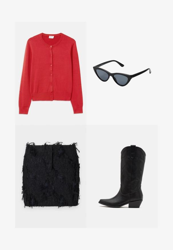 Czerwony kardigan wykonany z miękkiej, lekkiej dzianiny. Posiada okrągły dekolt, długie rękawy i sześć guzików z przodu.; Dwie bezrękawnikowe, prążkowane bluzki z golfem w kolorze brązowym i czarnym, prezentowane na jednolitym białym tle.; Czarna spódnica o teksturowej strukturze z warstwowym frędzlami i lekko nieregularnym dołem, wykonana z lekkiego materiału.; Czarne skórzane kowbojskie buty z wydłużonym noskiem, niskim, szczotkowanym obcasem oraz misternym tłoczonym wzorem liści na cholewie. Pętla u góry ułatwiająca zakładanie.; Czarne okulary przeciwsłoneczne w kształcie kocich oczu z ciemnoszarymi soczewkami, smukłym plastikowym oprawie, spiczastymi rogami i prostymi zausznikami. Brak widocznych elementów metalowych lub akcentów.; Burgundowa skórzana torebka o zaokrąglonym kształcie, z złotymi akcentami na elementach metalowych oraz zamknięciem na zamek błyskawiczny. Posiada odpinany pasek na ramię.