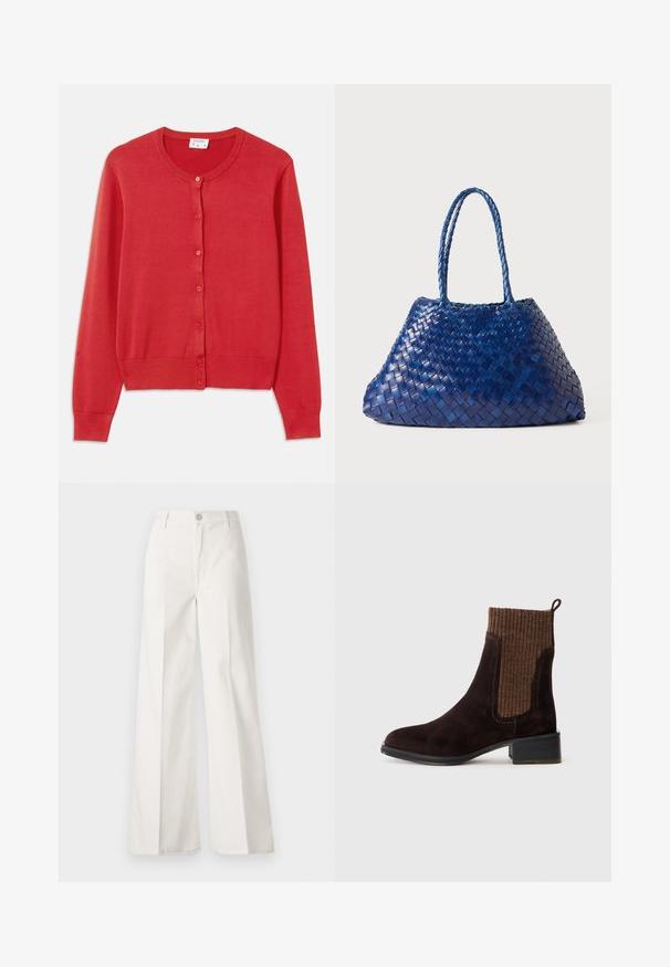 Rote Strickjacke aus weichem, leichtem Strickstoff. Mit Rundhalsausschnitt, langen Ärmeln und sechs Knöpfen auf der Vorderseite.; Weißes Baumwoll-T-Shirt mit kurzen Ärmeln, runder Halslinie, lockerer Passform und genähtem Saum. Etikett sichtbar am inneren Kragen.; Weiße weite Hosen aus Baumwolle mit glatter Textur. Sie verfügen über einen vorderen Knopf, einen Reißverschluss und ein Design mit vier Taschen.; Braune Wildleder-Stiefelette mit einem strukturierten braunen Rippstrick-Obermaterial, glatter Oberfläche, niedrigem Blockabsatz und Zuglasche an der Ferse für einfaches Anziehen.; Geflochtene blaue Leder-Tote mit zwei geflochtenen Griffen, die eine lässige, winklige Form und eine texturierte Oberfläche aufweist.