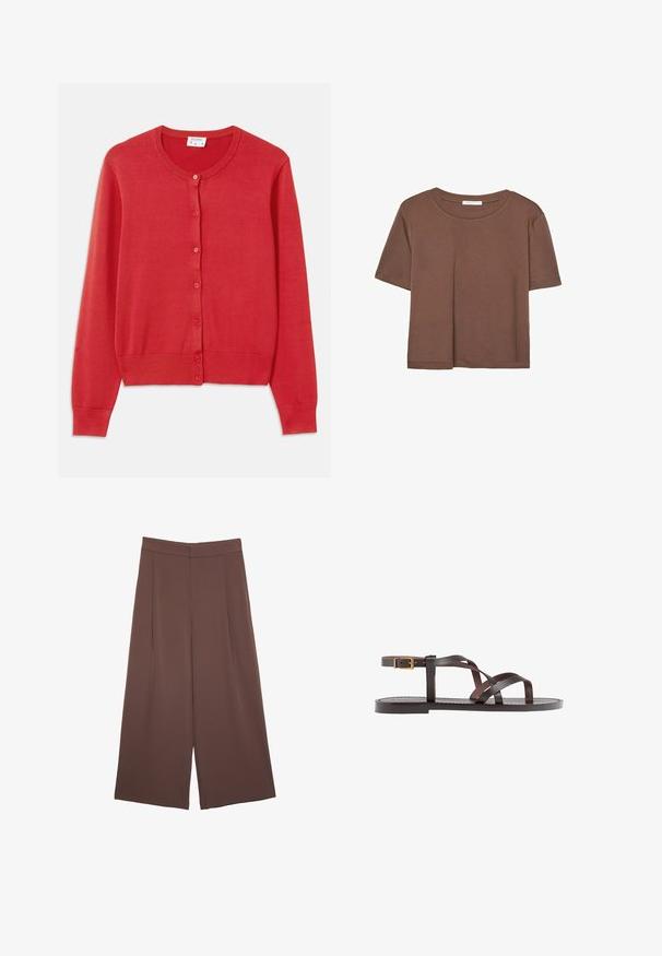 Czerwony kardigan wykonany z miękkiej, lekkiej dzianiny. Posiada okrągły dekolt, długie rękawy i sześć guzików z przodu.; Brązowa koszulka z krótkim rękawem, wykonana z miękkiego materiału, z okrągłym dekoltem i luźnym krojem. Brak widocznych wzorów lub akcentów.; Brązowe spodnie o szerokich nogawkach z gładką fakturą, z wysokim stanem i plisami z przodu. Materiał jest lekki i luźno opada.; Brązowe skórzane sandały z krzyżującymi się paskami, zapięciem na klamrę przy kostce oraz płaską podeszwą z minimalnymi detalami szycia.