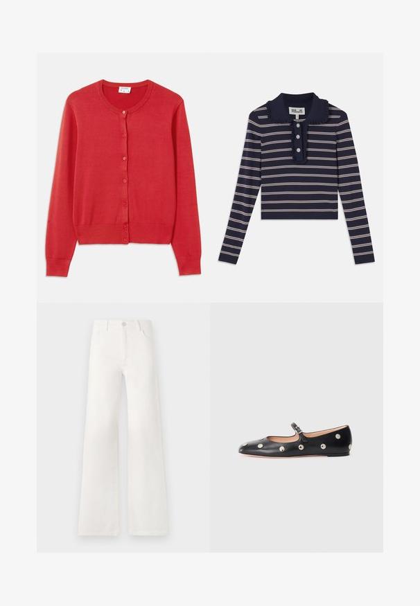 Crvena kardigan od mekog, laganog pletivnog materijala. Ima okrugli izrez, duge rukave i šest dugmadi duž prednje strane.; Mornarica dugih rukava s ružičastim horizontalnim prugama, volanastim ovratnikom i prednjim kopčanjem s tri gumba; izrađena od mekanog, rastezljivog materijala.; Bijele, visokotalasne široke traperice. Imaju kopčanje na dugme, dva prednja džepa i bočne šavove s detaljima šivanja.; Crne kožne Mary Jane balerinke s zaobljenim vrhom, koje sadrže srebrne kružne zakovice i podesivu traku s kopčom.
