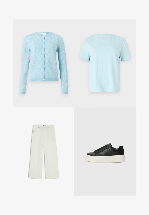 Jasnoniebieski kardigan z białym wzorem kwiatowym, długie rękawy, okrągły dekolt, zapięcie na guziki z przodu oraz ściągacze na dole i przy mankietach.; Jasnoniebieska bawełniana koszulka z krótkim rękawem, okrągłym dekoltem i subtelnym haftowanym logo 'Calvin Klein' z przodu.; Spodnie szerokie w jasnym kremowym kolorze, z bocznymi kieszeniami, płaskim przodem i pojedynczym zapięciem na guzik w talii. Gładka faktura.; Czarne skórzane trampki z zaokrąglonym czubkiem, białą platformą i czarnymi sznurówkami. Charakteryzują się subtelnym logo na pięcie i gładką fakturą.