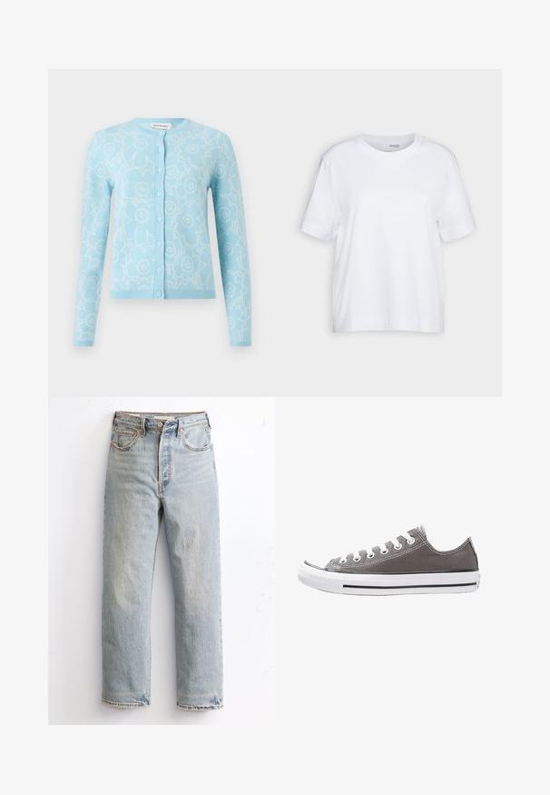 Lyseblå cardigan med hvitt blomster mønster, lange ermer, rund hals, frontknapp lukking, og ribbkant i hem og cuffs.; Hvit kortermet t-skjorte, rund hals, laget av myk, glatt bomullsstoff, med rett nederkant og minimal detaljer. Enkel og allsidig design.; Lyseblå denimjeans med rett ben-design, med slitt kant, kobbernitter og klassisk fem-lomme stil.; Grå kanvas sneakers med hvit gummisåle, svart stripe og metalløyer. Har rund tå, lav toppdesign og teksturert stoff.