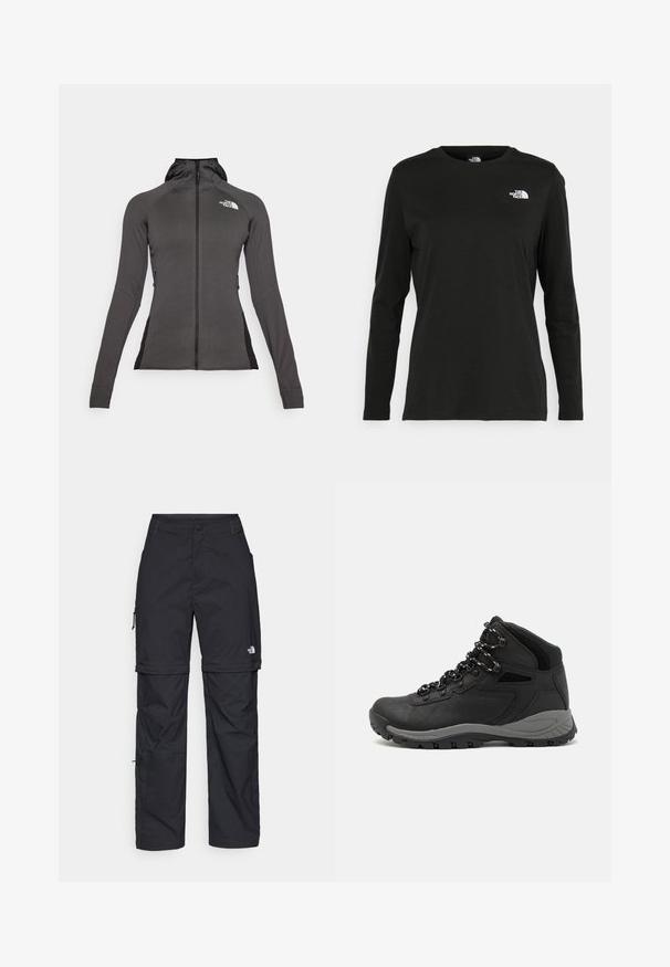 Schwarze Sportjacke mit durchgehendem Reißverschluss, Kapuze und strukturiertem Design. Verfügt über seitliche Reißverschlusstaschen und kontrastierende schwarze Paneele an den Seiten.; Schwarzes Langarm-T-Shirt aus Baumwolle mit Rundhalsausschnitt. Verfügt über ein kleines weißes Logo auf der linken Brustseite. Einfaches Design und Passform.; Schwarze Nylon-Zip-Off-Cargohosen mit verstellbaren Bündchen, mehreren Taschen und einem Logo am rechten Bein. Glatte, leichte Textur.; Schwarzer Wanderstiefel mit einem mittelhohen Design, ausgestattet mit einer strukturierten Oberfläche, grauen Akzenten und einer robusten Gummisohle mit Profilstollen.